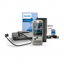Philips Diktiergerät DPM7200 mit SpeechExec Dictate Software, Pedal, Kopfhörern, Akku, SD-Karte, USB-Kabel und Schutzhülle